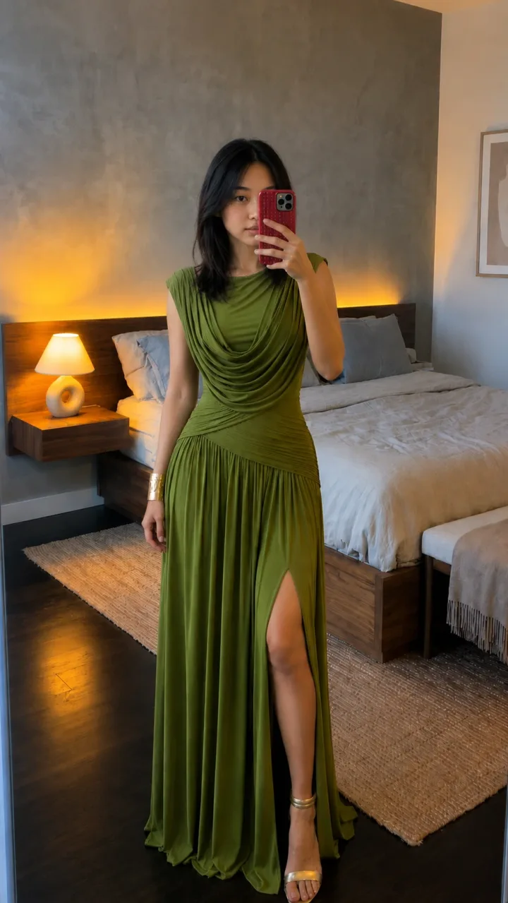 Draped olive maxi
