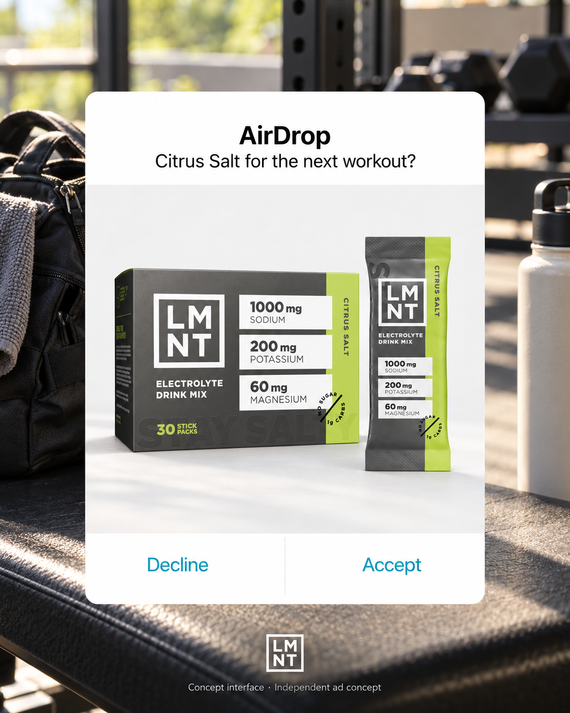 LMNT Citrus Salt concept ad in a gym setting